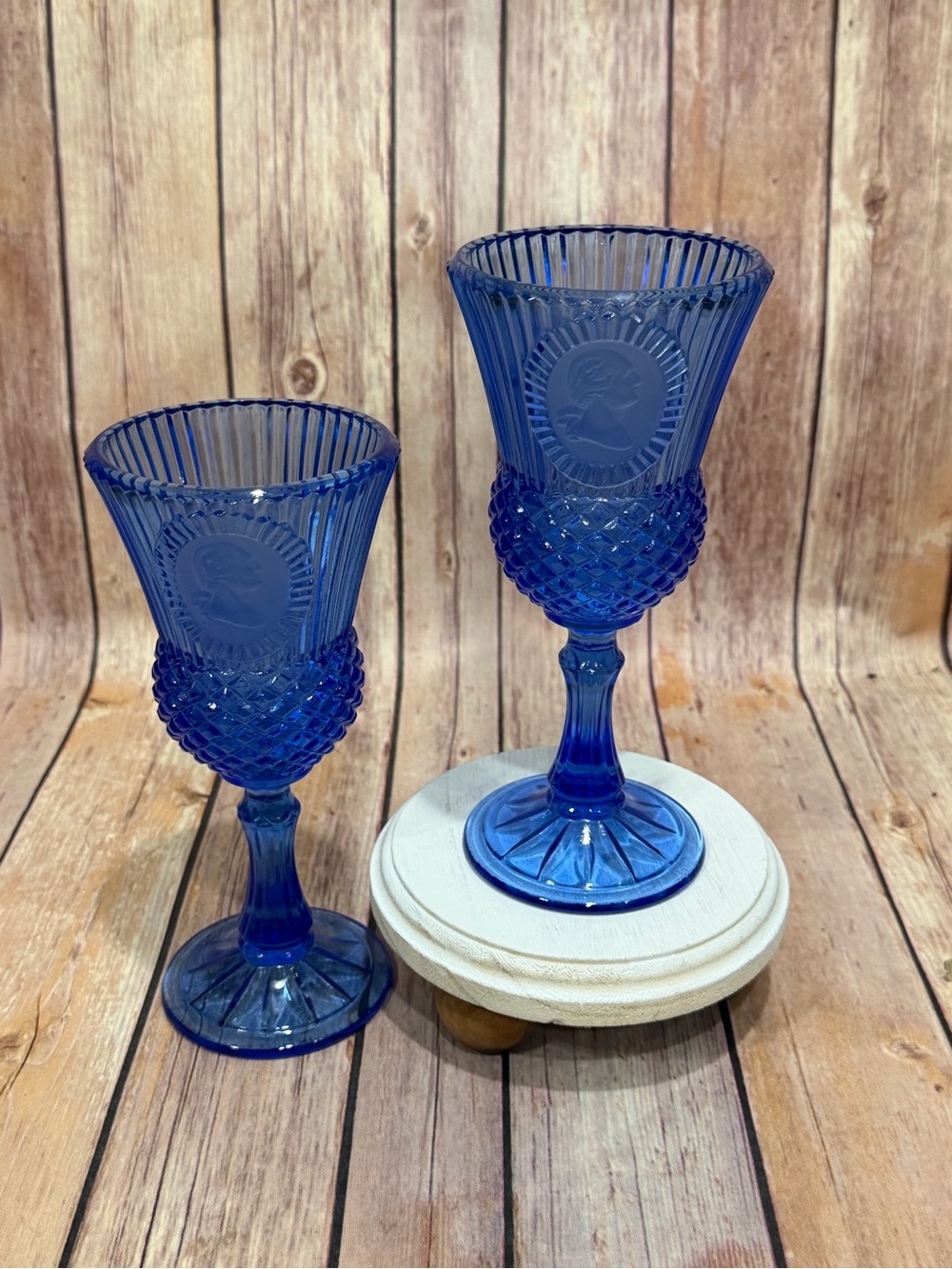 George Washington Fostoria Cobalt Blue set of 2 Goblets